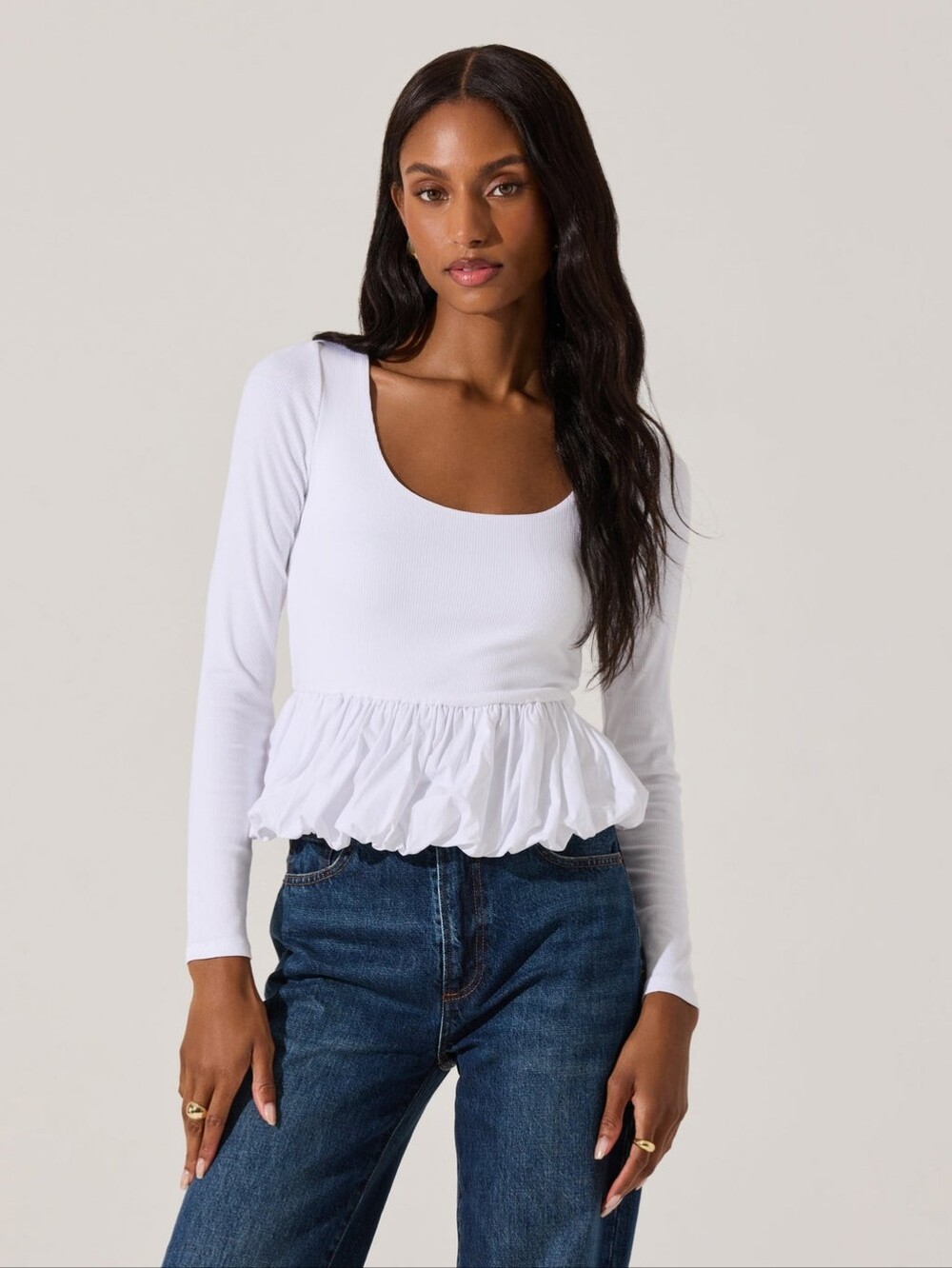 ASTR The Label Bubble Hem Peplum Top White Ribbed Scoop Neck Size XL Coquette
